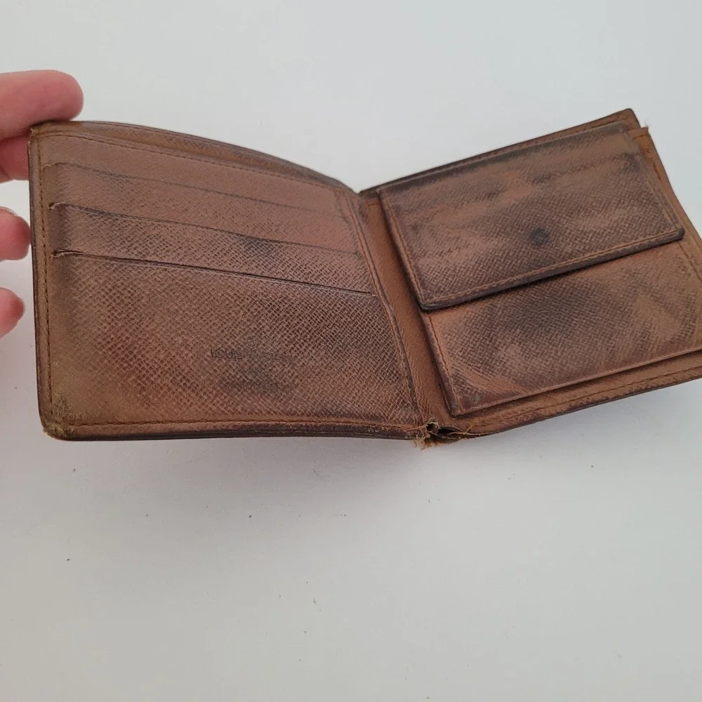 Louis Vuitton Monogram Bifold Wallet Brown Coated Canvas Coin Pocket Vintage